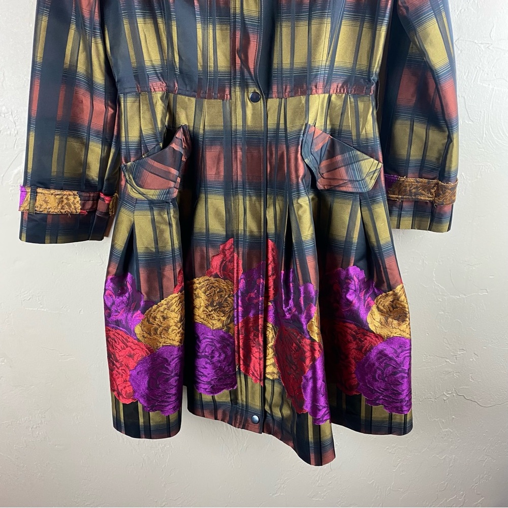 Samuel Dong Plaid Floral Bubble Trench Coat Jacket size small - Picture 4 of 13